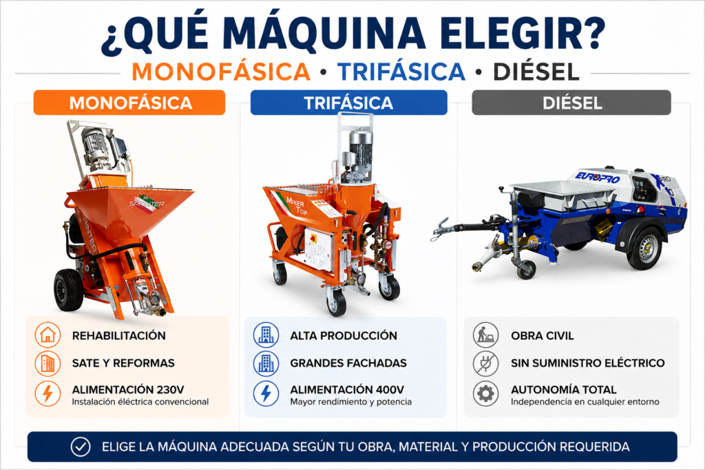 comparativa máquina monofásica trifásica o diésel para proyección de mortero